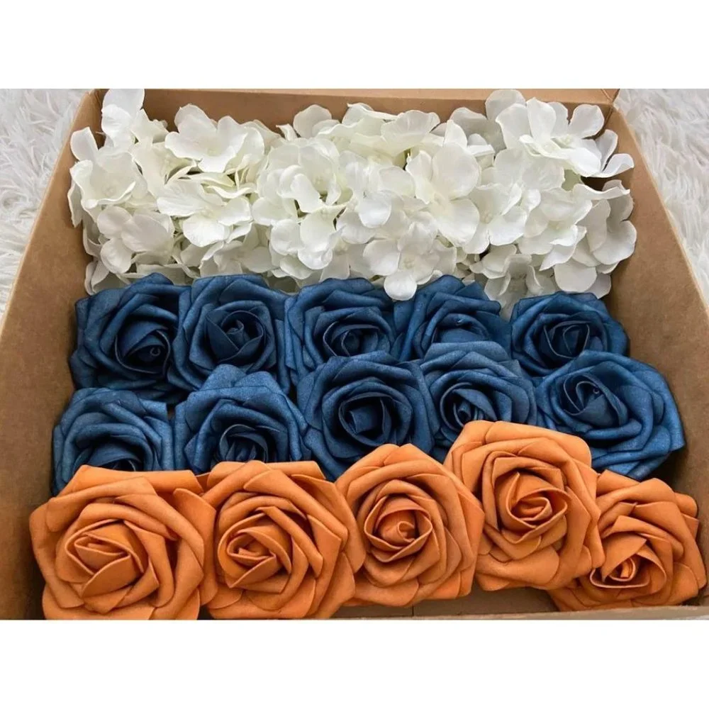 20 Count | Dusty Blue Burnt Orange Roses White Hydrangeas Bouquet Centerpiece